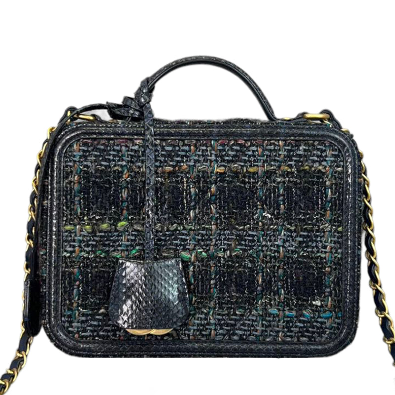 CHANEL Tweed Snakeskin Quilted Small CC Filigree Vanity Case Navy  Multicolor | FASHIONPHILE