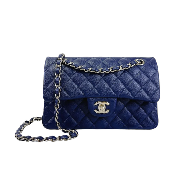 Chanel Medium Classic Double Flap Lambskin Blue SHW Bag Religion