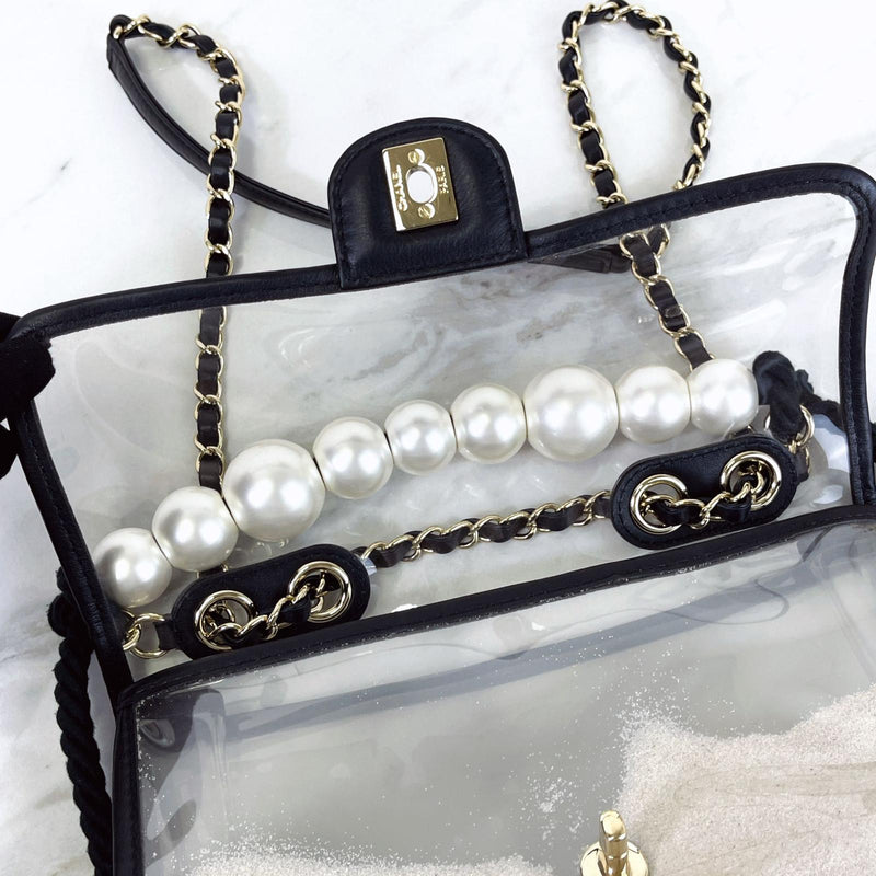 Chanel Lambskin PVC Sand By The Sea Flap Bag With Pearl Strap
