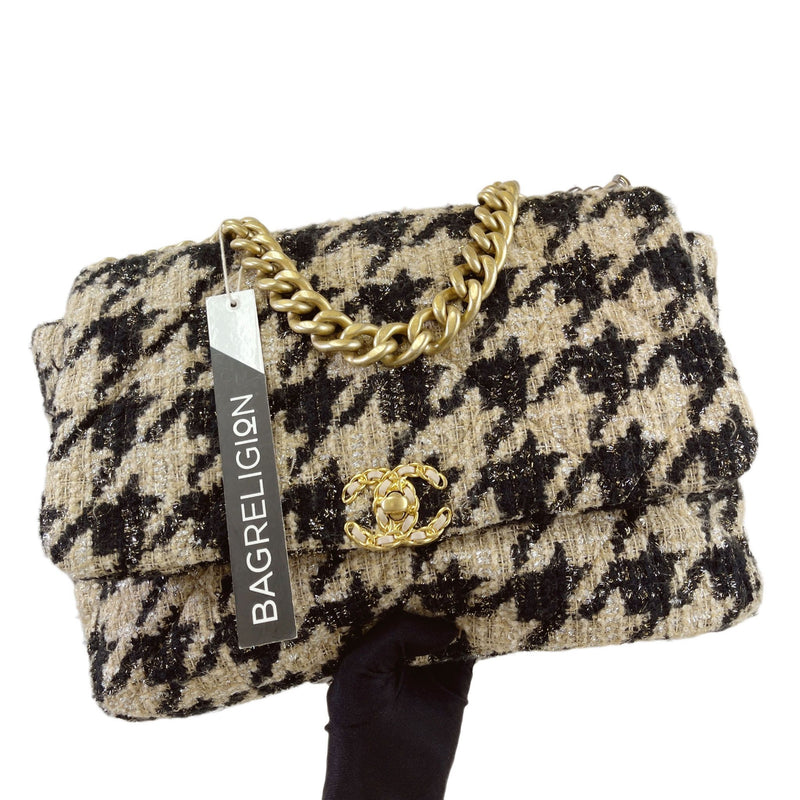 Maxi Chanel 19 Houndstooth Tweed 19K Beige Black