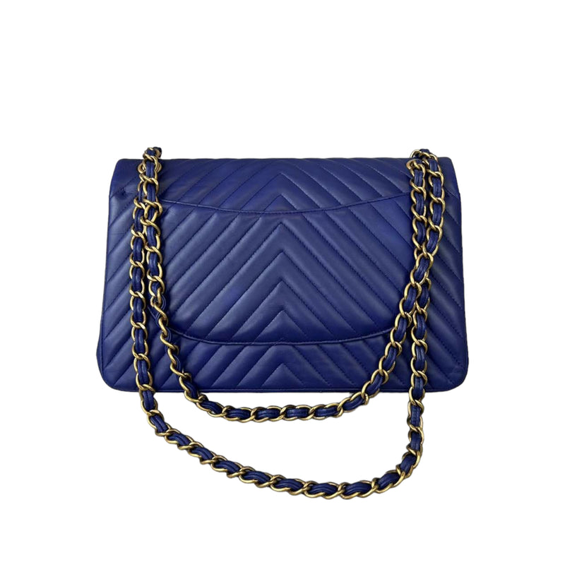 Classic Double Flap Lambskin Chevron Jumbo Blue GHW
