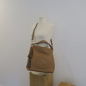 Pebbled Calfskin Large Soho Hobo in Beige