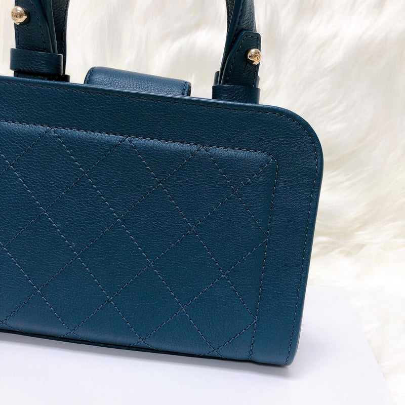 Grained Calfskin Stitched Mini Label Click Shopper Tote in Blue