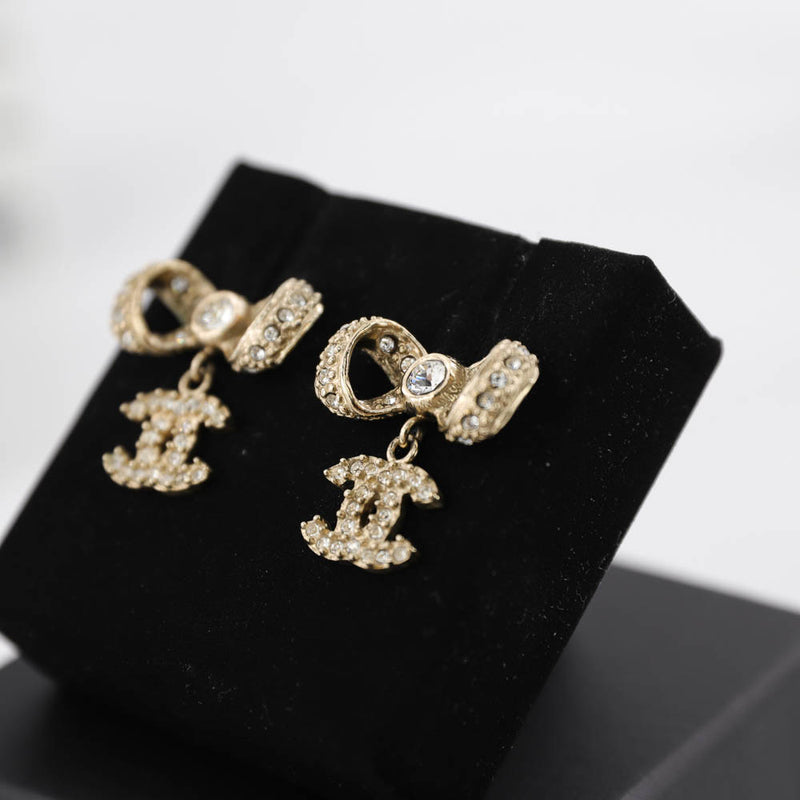 Gold and Crystal Ribbon CC Earrings