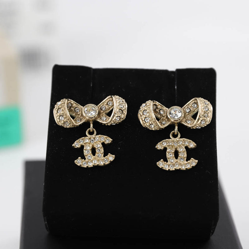 Gold and Crystal Ribbon CC Earrings