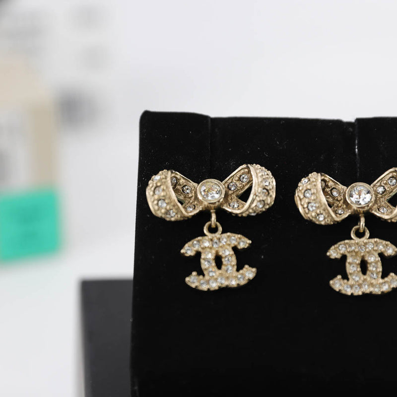 Gold and Crystal Ribbon CC Earrings