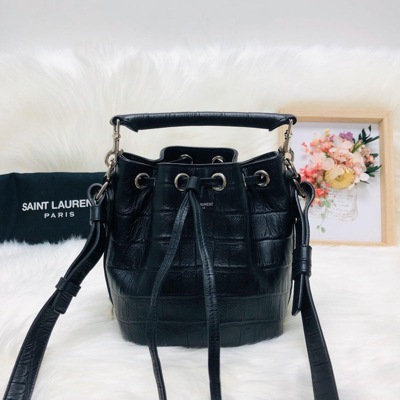 Crocodile Embossed Calfskin Leather Emmanuelle Bucket Bag Medium Black ...