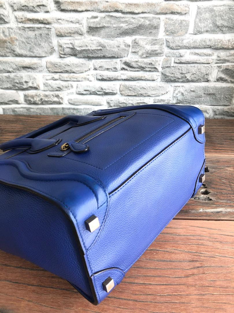 Micro Luggage in Electric Blue Palmelato Leather Tote with Gold-Tone Hardware