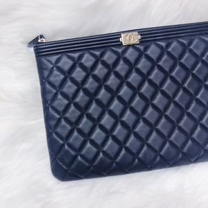 Lambskin O Case Quilted Navy Blue Large Boy Zip Pouch