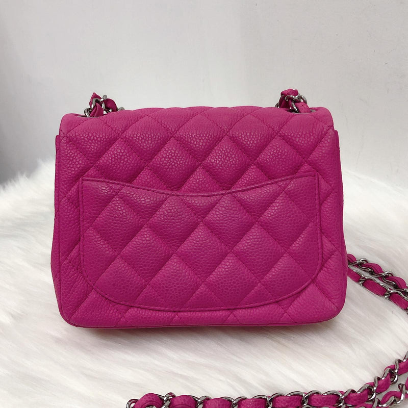 Square Mini Flap Bag Quilted Caviar Leather with SHW Hot Pink