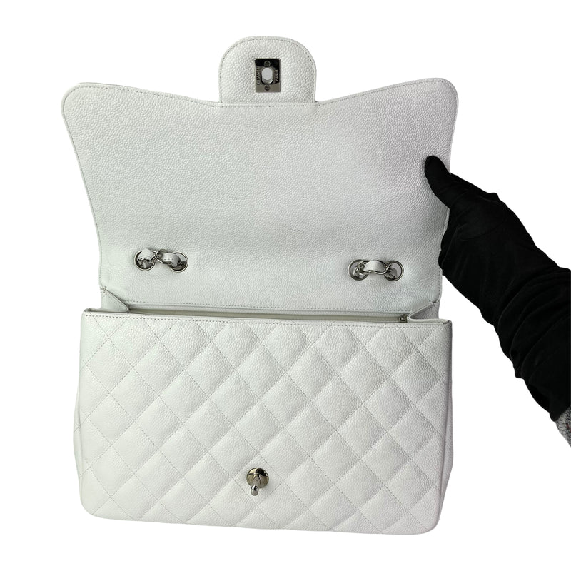 Classic Single Flap Jumbo Bag in White Caviar with SHW