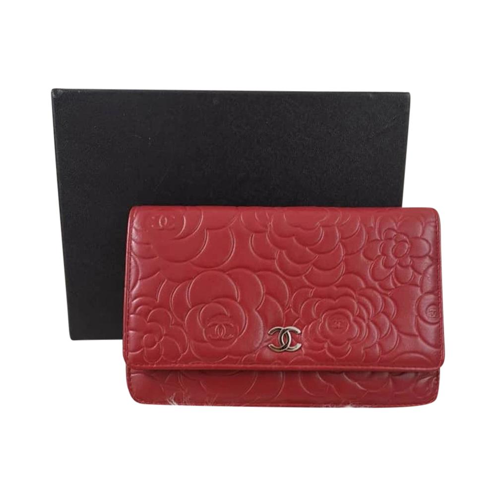 Camellia Embossed WOC Clutch Chain Bag in Red Lambskin with SHW