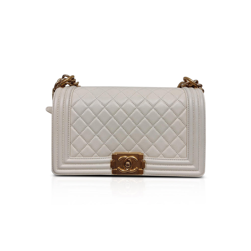 Old Medium Le Boy in Quilted Cream Calfskin with GHW