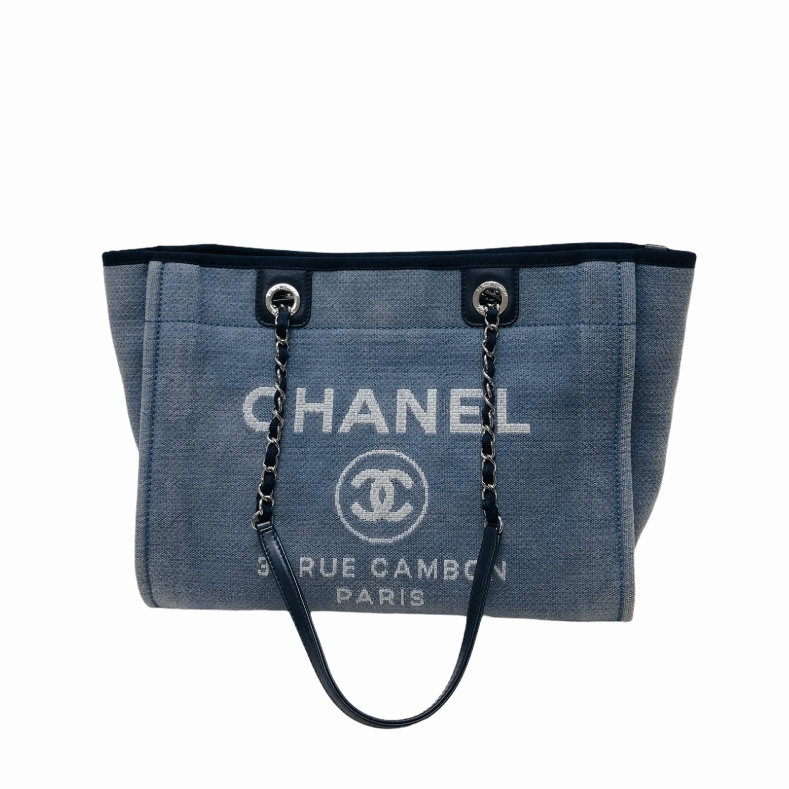 Authentic Chanel Deauville Dark Blue Denim Large Shopping Tote Bag