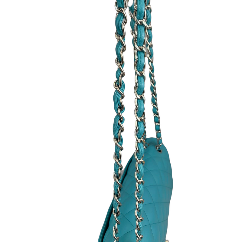 Double Flap Lambskin Jumbo Turquoise Blue SHW