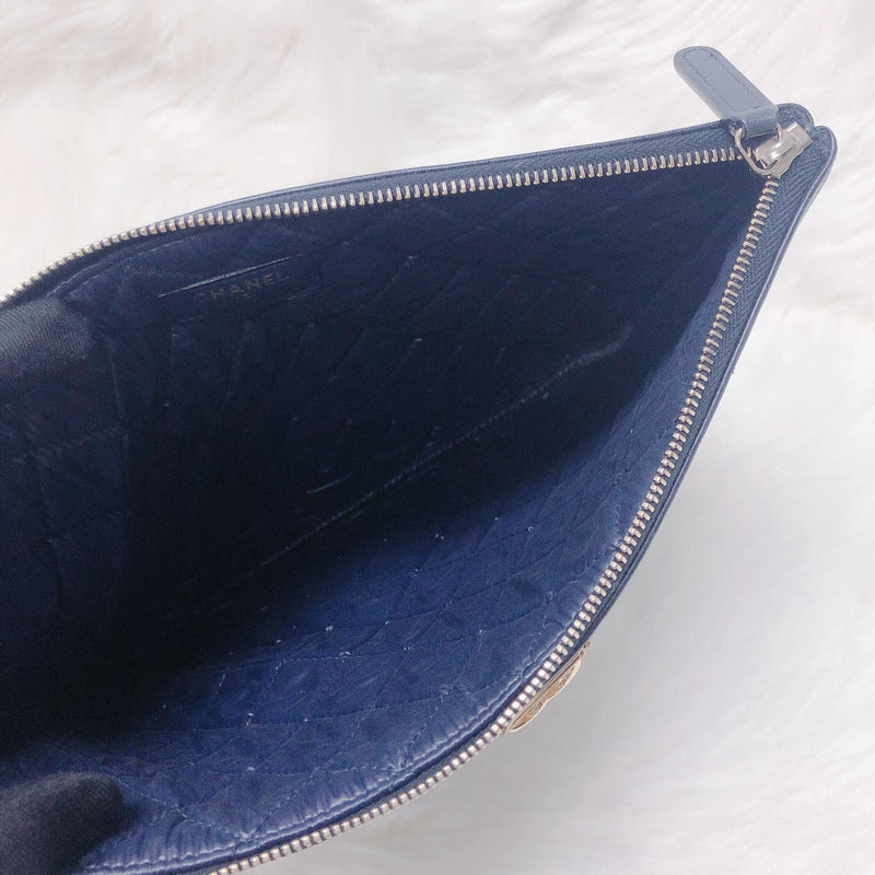 Lambskin O Case Quilted Navy Blue Large Boy Zip Pouch