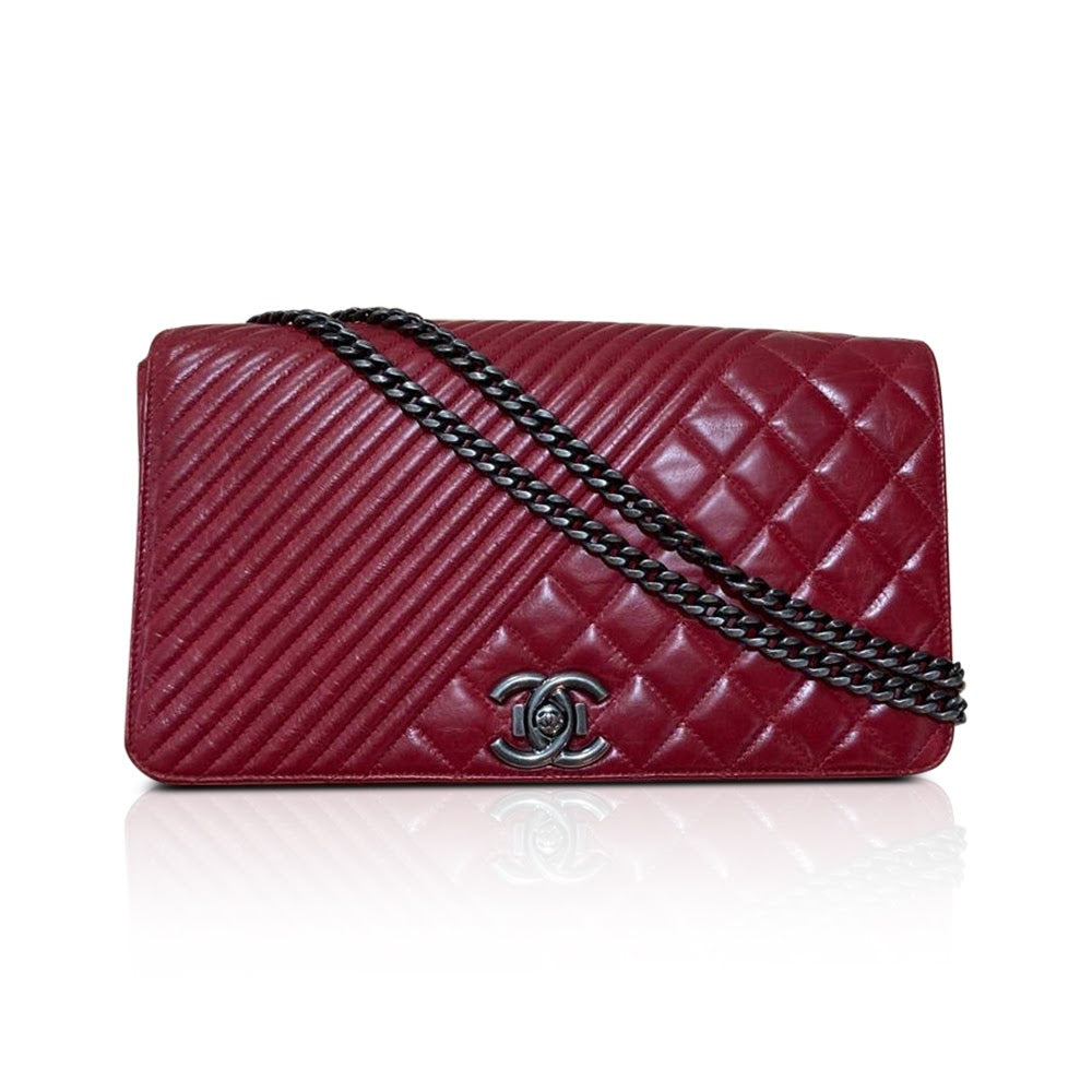 Coco Boy Flap Bag Chevron & Quilted Medium Aged Calfskin RHW Red