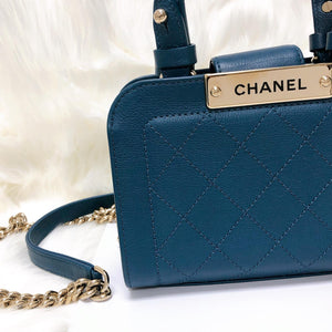 Grained Calfskin Stitched Mini Label Click Shopper Tote in Blue