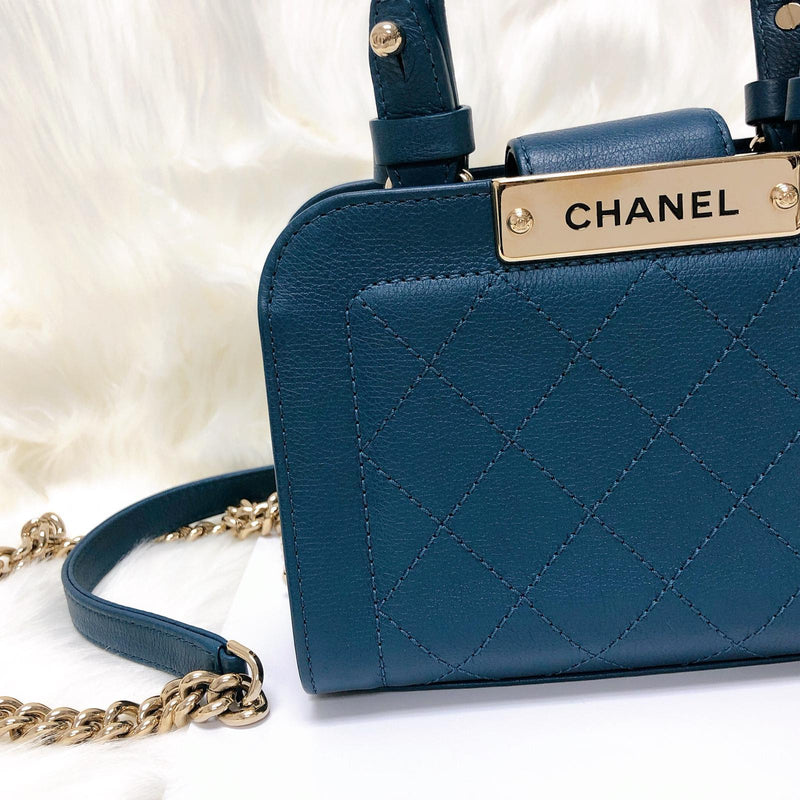 Grained Calfskin Stitched Mini Label Click Shopper Tote in Blue