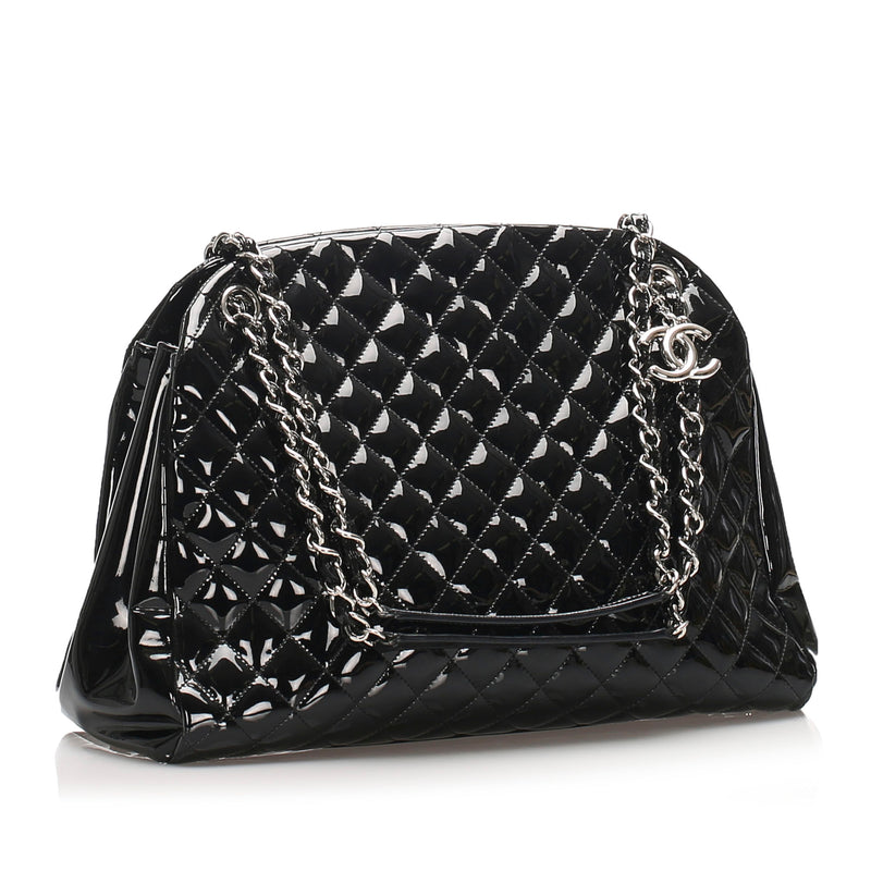 A BLACK PATENT LEATHER JUST MADEMOISELLE BAG WITH SILVER HARDWARE