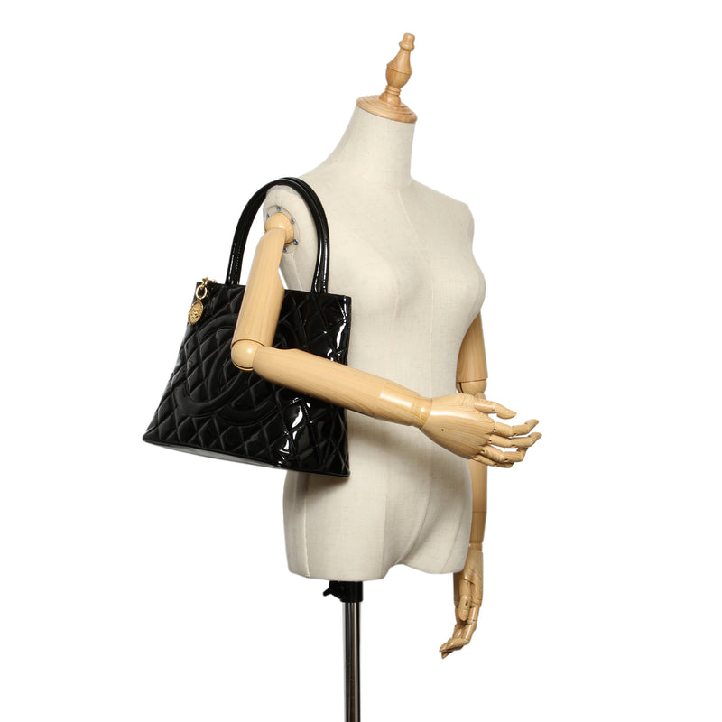 Black Medallion Patent Leather Tote Bag