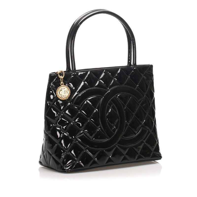 Black Medallion Patent Leather Tote Bag
