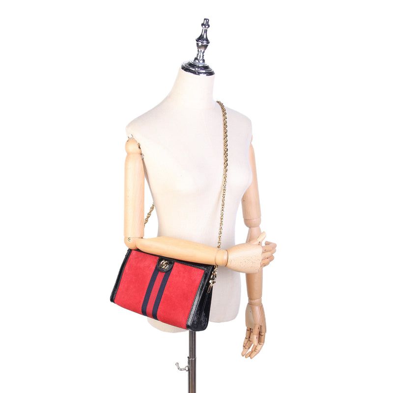 Small Ophidia Suede Crossbody Bag Red and Black GHW