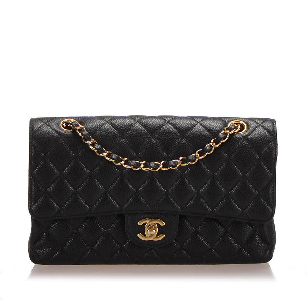 Medium Classic Caviar Leather Double Flap Bag Black GHW