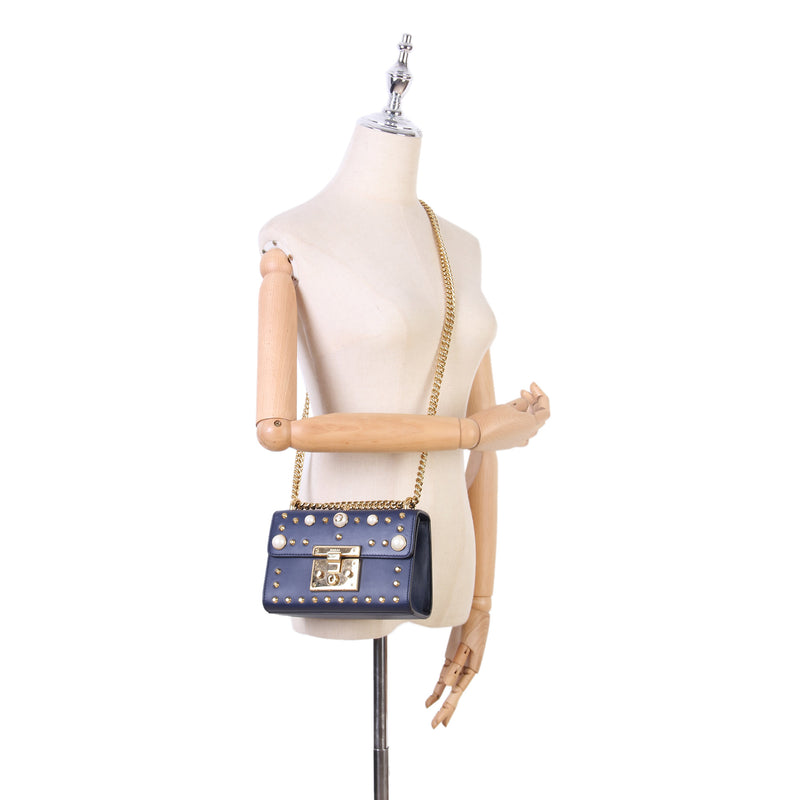 Small Studded Padlock Leather Crossbody Bag Dark Blue GHW