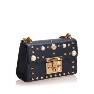 Small Studded Padlock Leather Crossbody Bag Dark Blue GHW