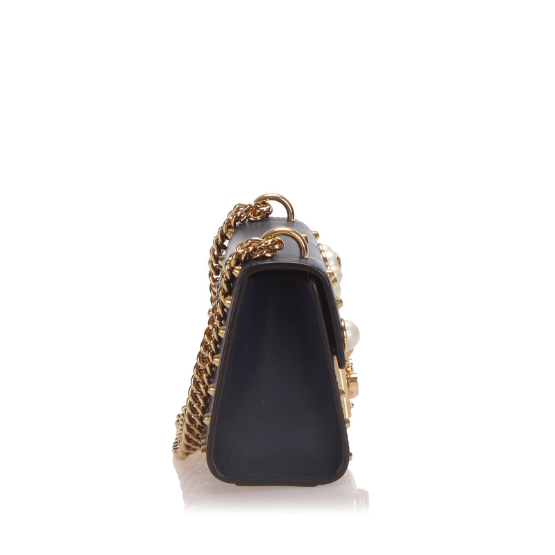 Small Studded Padlock Leather Crossbody Bag Dark Blue GHW
