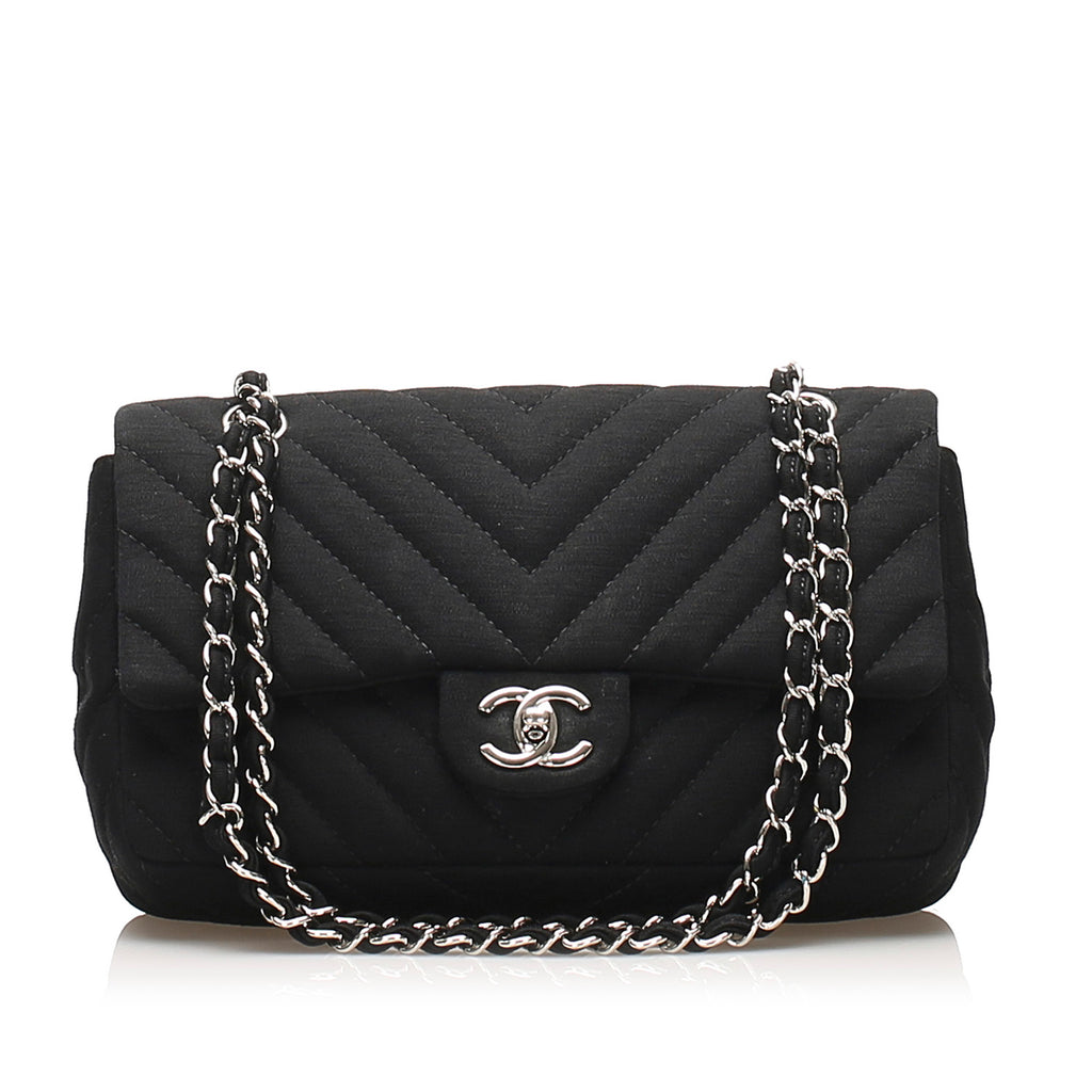 Medium Chevron Jersey Chain Flap Bag Black