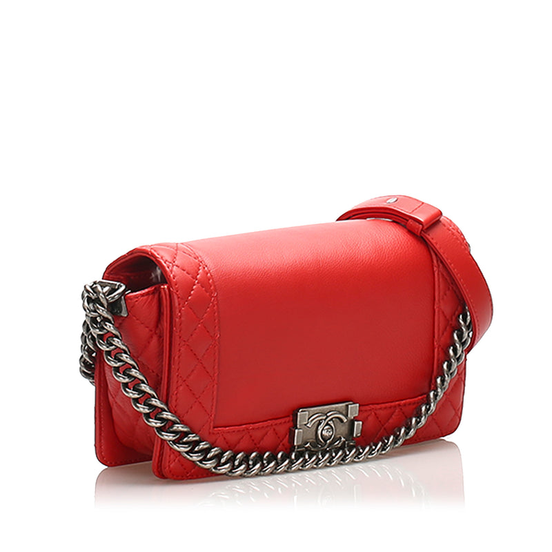 Medium Boy Lambskin Leather Flap Bag Red SHW