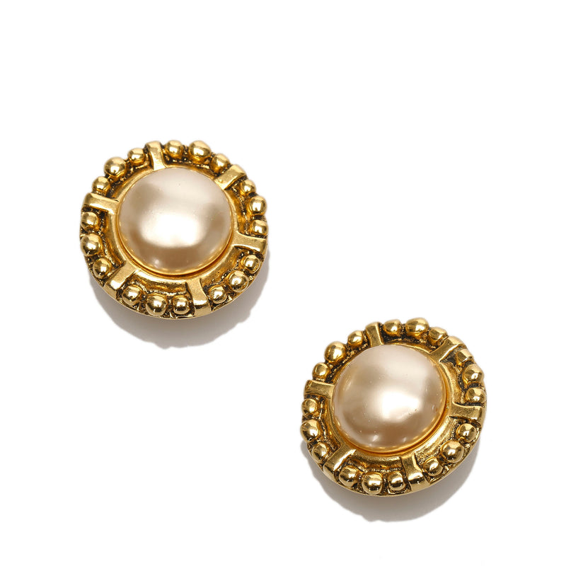 Chanel CC Faux Pearl Clip-On Earrings White
