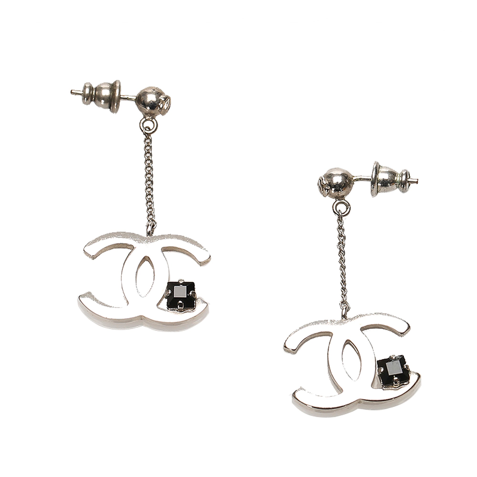 CC Chain Drop Crystal Earrings Silver