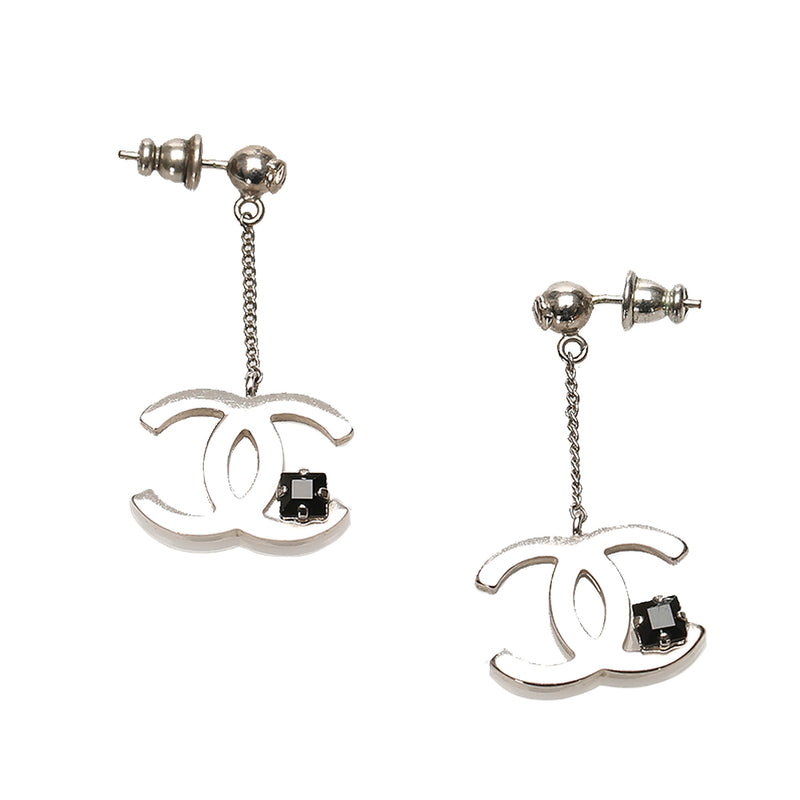 CHANEL Baguette Crystal CC Drop Earrings Silver 1302523