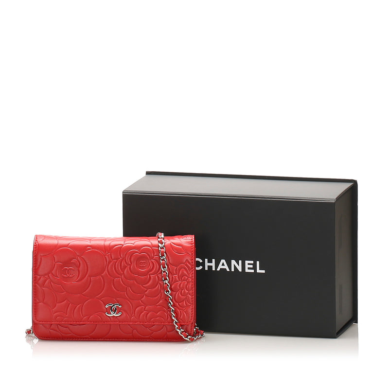 Camellia Lambskin Leather Wallet on Chain Red SHW