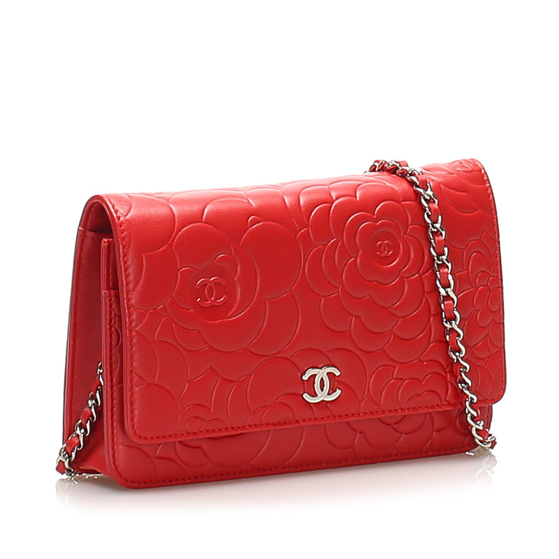 Camellia Lambskin Leather Wallet on Chain Red SHW