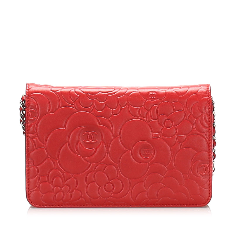 Camellia Lambskin Leather Wallet on Chain Red SHW