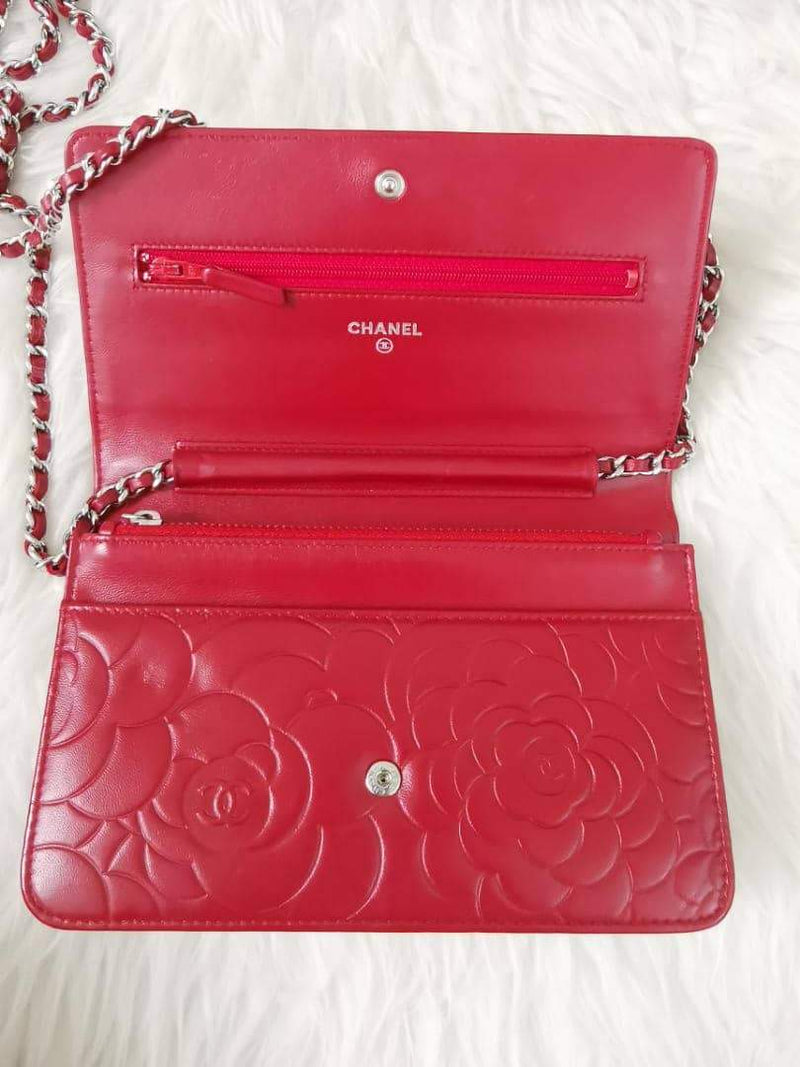 Camellia Embossed WOC Clutch Chain Bag in Red Lambskin with SHW