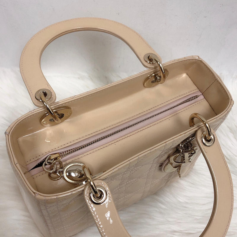 Lady Dior Patent Cannage Medium Bag in Beige