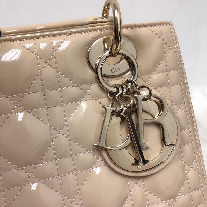 Christian Dior Beige Cannage Quilted Patent Leather Medium Lady Dior Bag