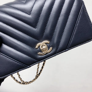 Calfskin Chevron Quilted Mini Statement Flap Navy Blue