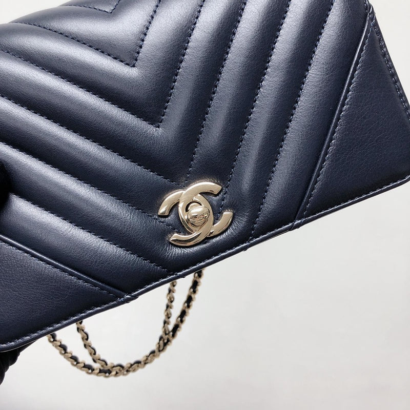 Calfskin Chevron Quilted Mini Statement Flap Navy Blue