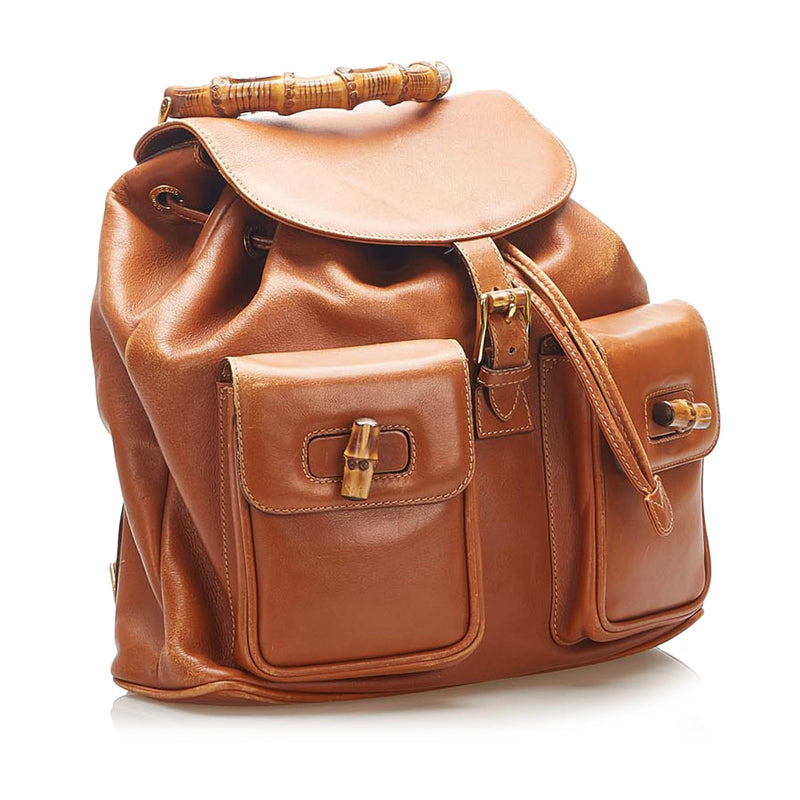 Bamboo Drawstring Leather Backpack Brown - Bag Religion