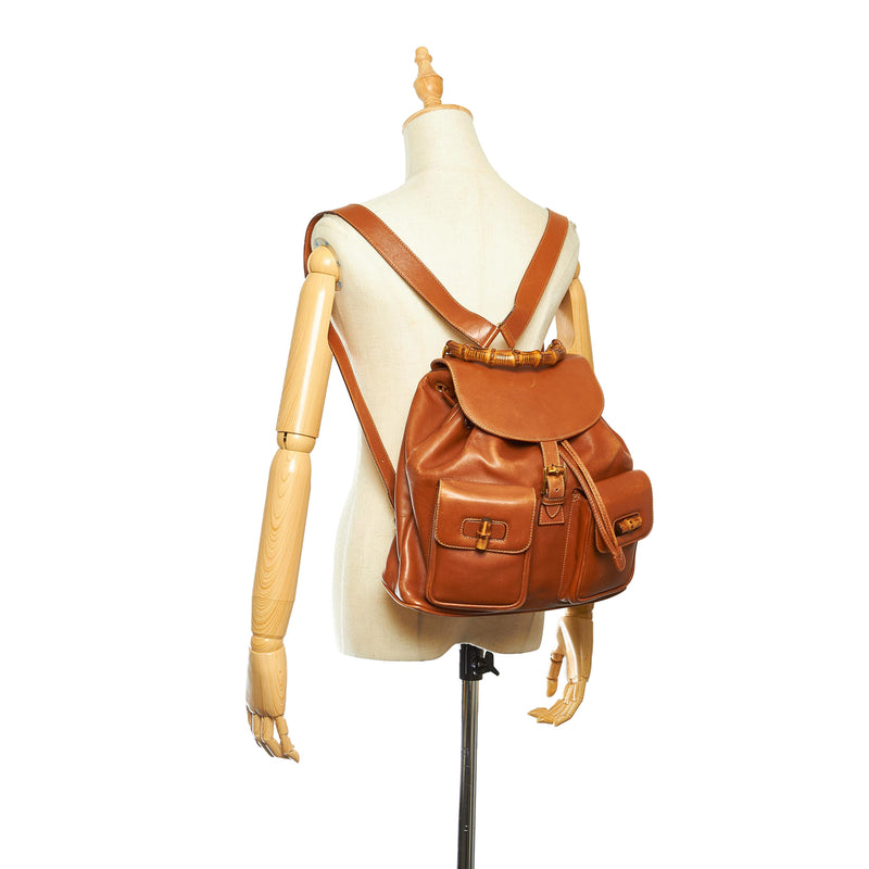 Bamboo Drawstring Leather Backpack Brown - Bag Religion