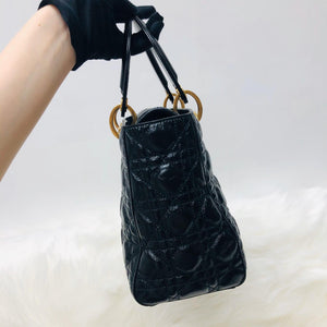 Lady Dior Bag Cannage Lambskin Leather Medium Black with Embellished Strap