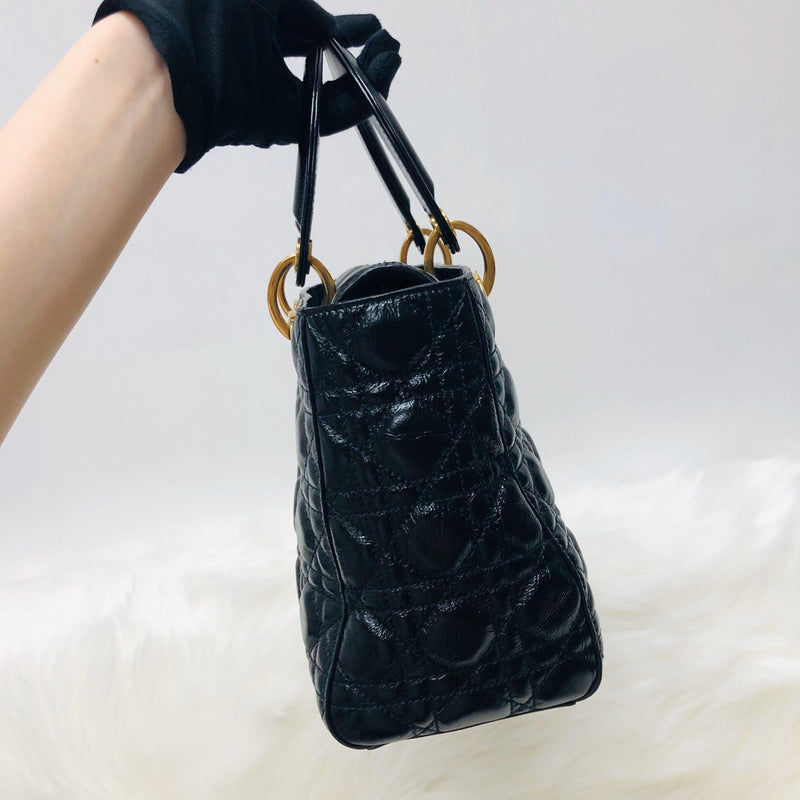 Lady Dior Bag Cannage Lambskin Leather Medium Black with Embellished Strap