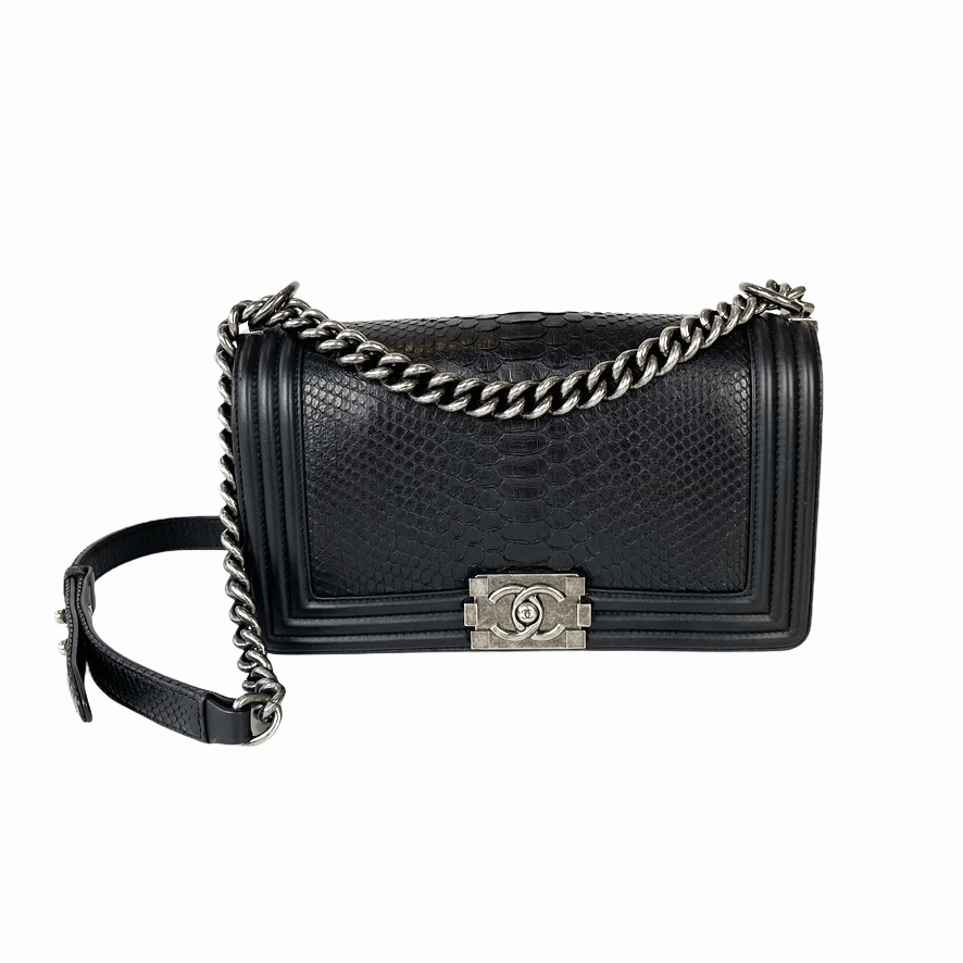 Python Black Old Medium Boy Bag in Black with RHW