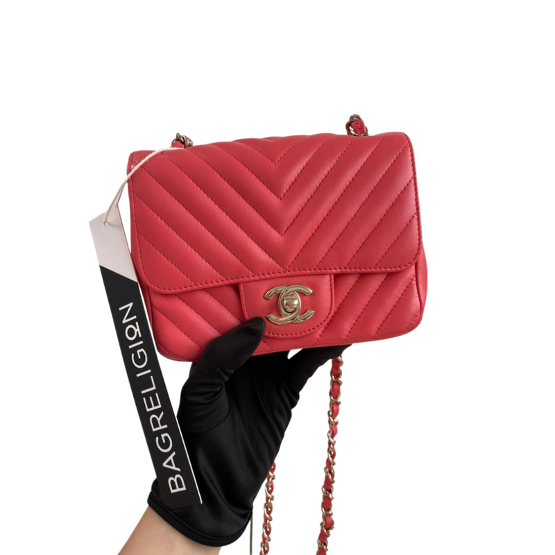 Square Mini Flap Chevron Coral Lambskin Leather Bag LGHW